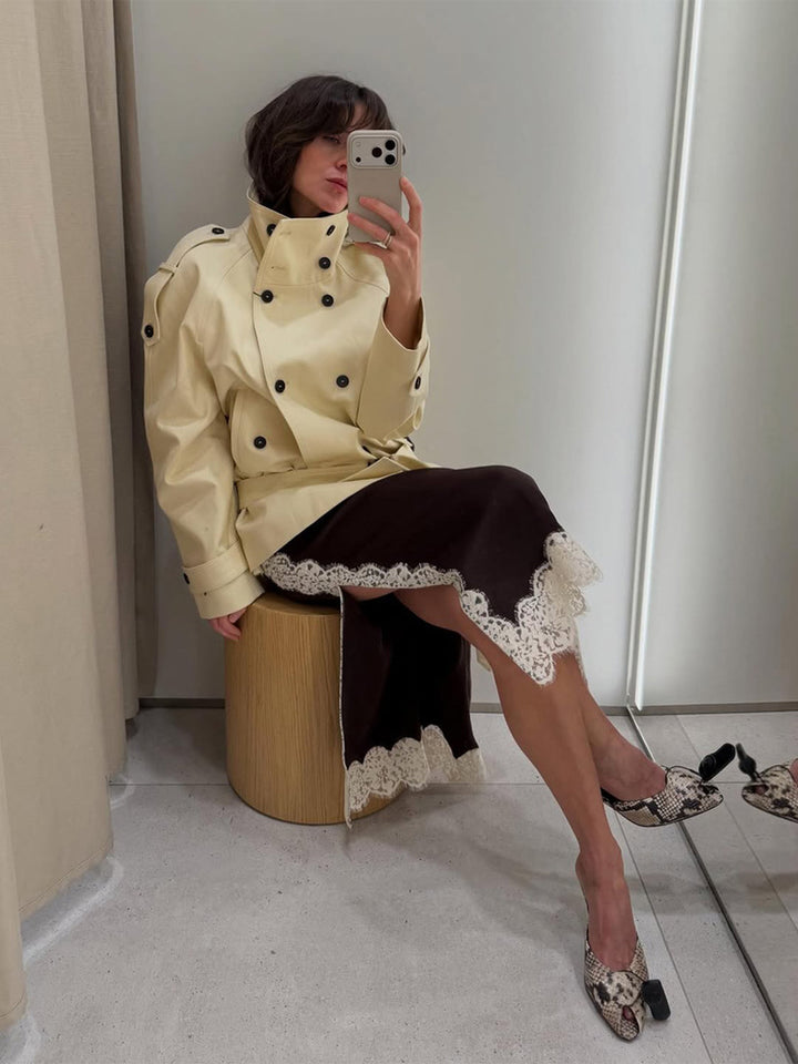 French Stand-Collar Belted Trench