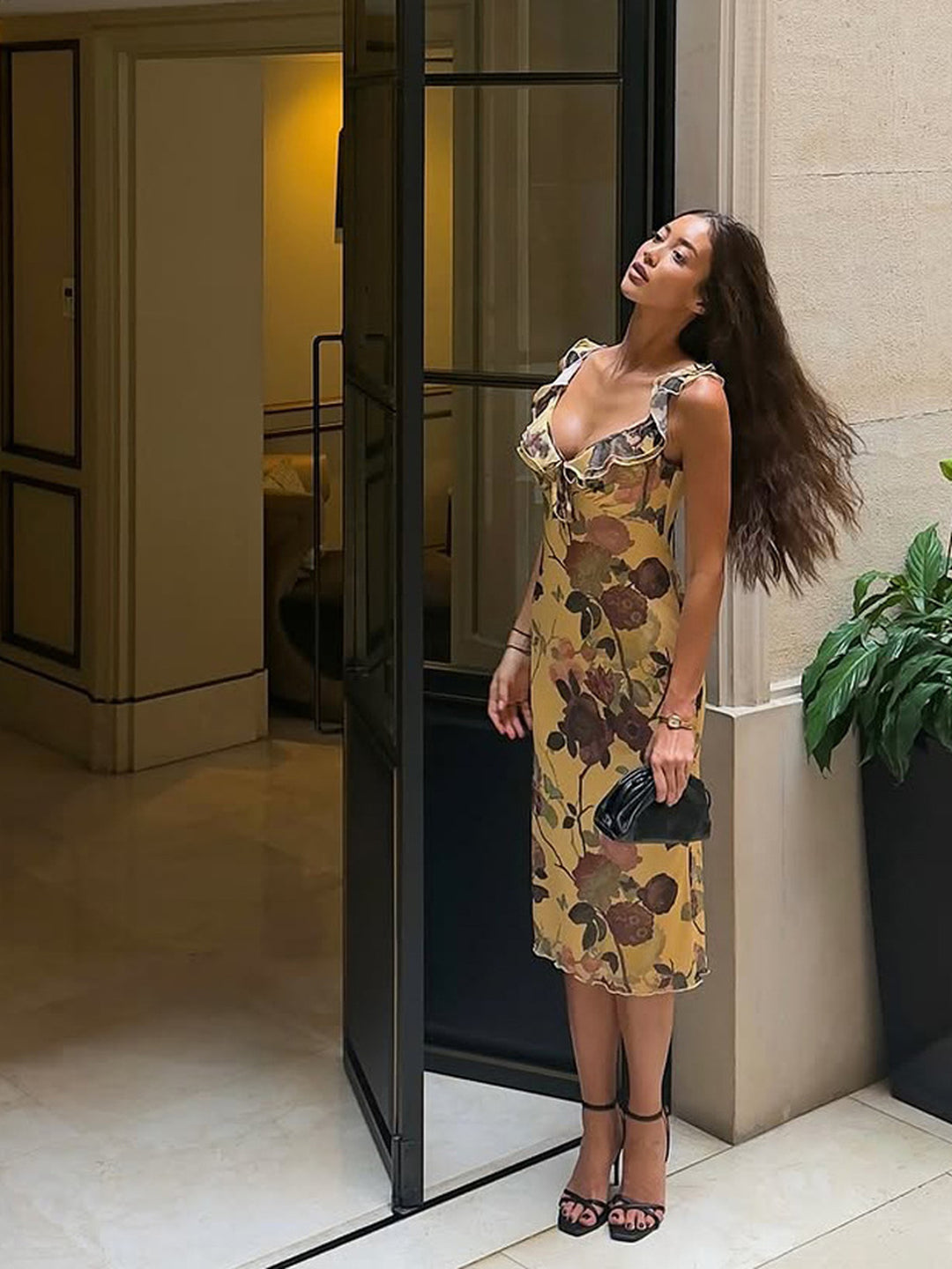 French Retro V-Neck Floral Midi