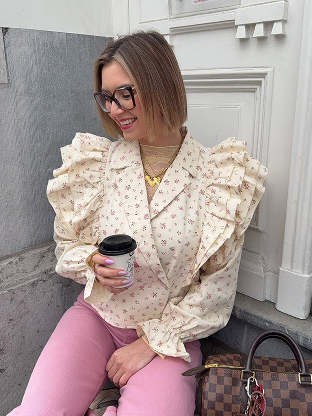 French Ruffle Floral Chiffon Blouse
