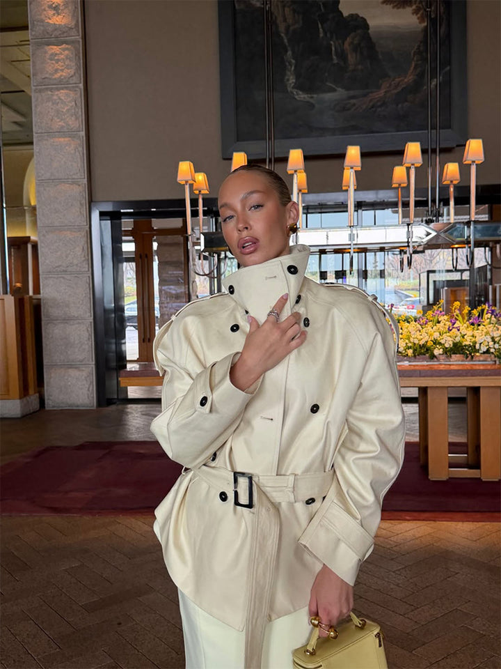 French Stand-Collar Belted Trench