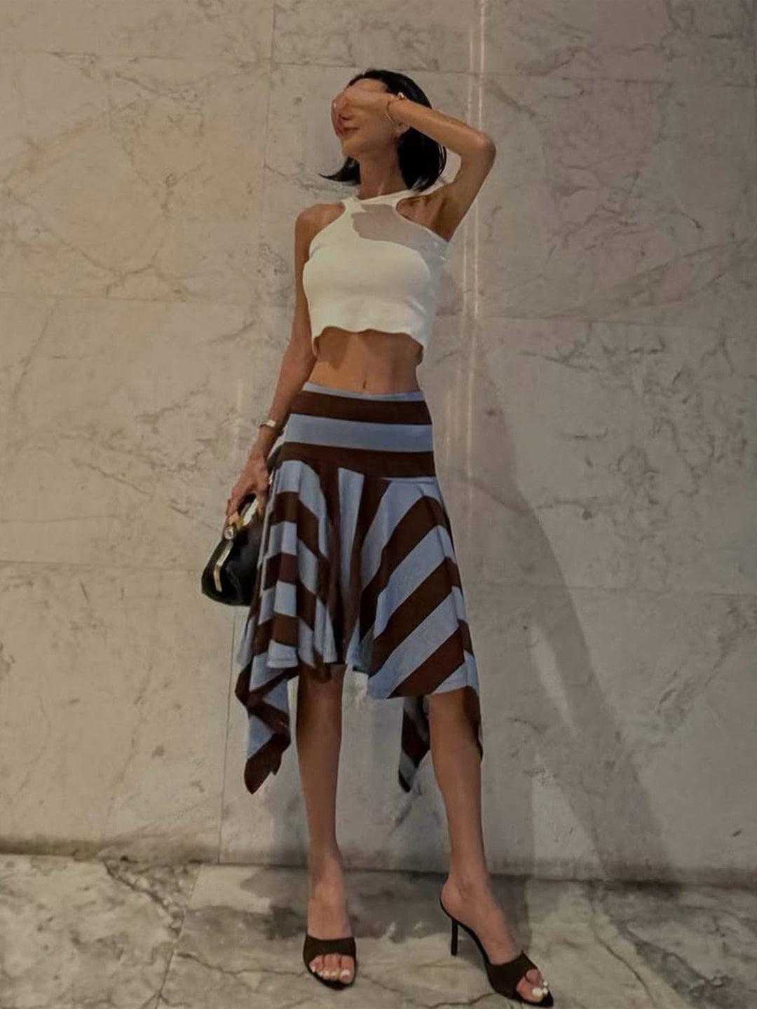 Striped High-Waist Asymmetric Skirt