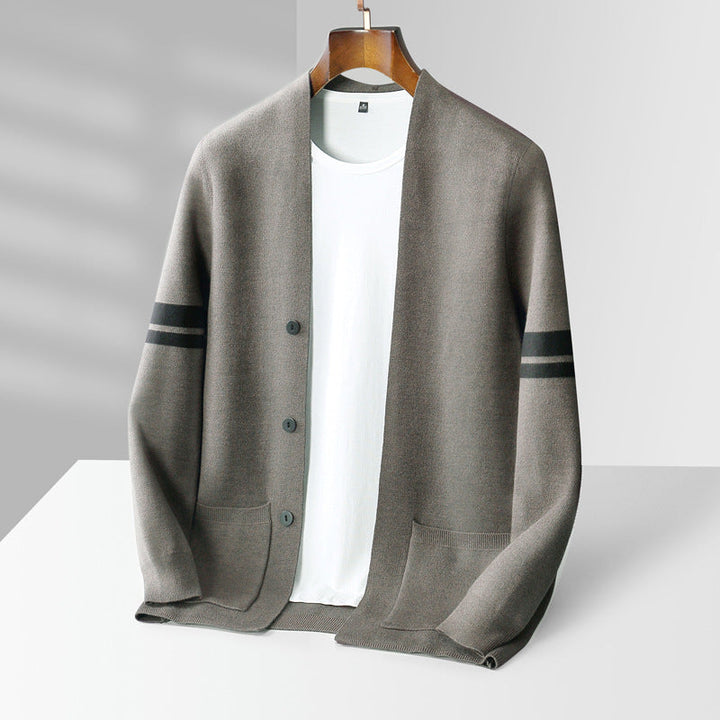 Men's Fine Knit Stripe Cardigan – Varsity Detail Layering Piece – view 8