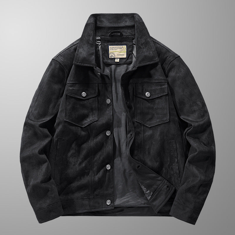 Men's Genuine Suede Jacket – Riviera Zip-Front with Point Collar – Black