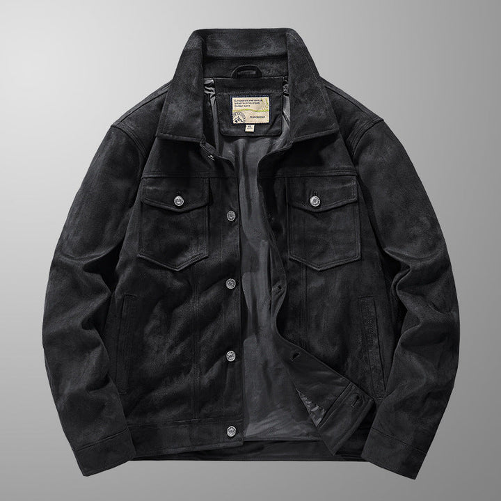 Men's Genuine Suede Jacket – Riviera Zip-Front with Point Collar – Black