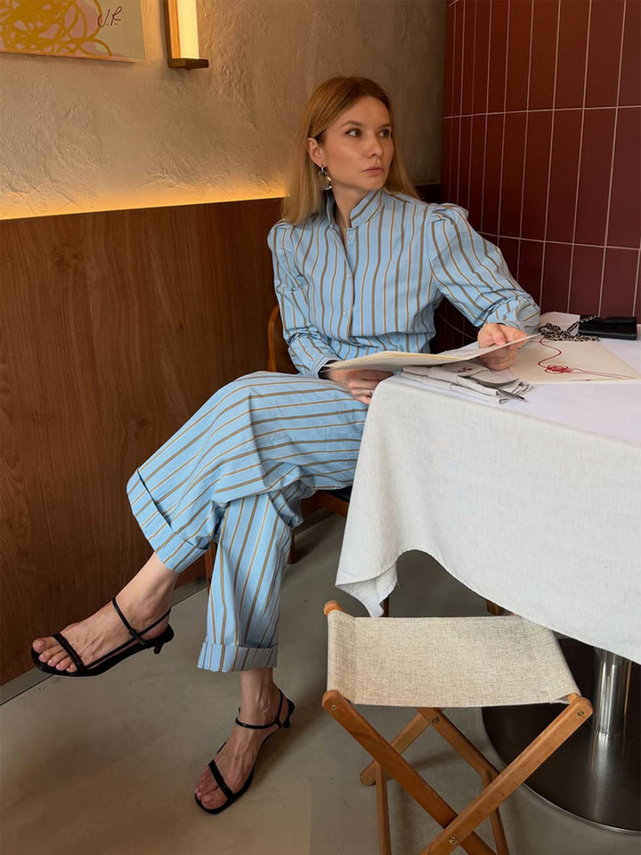 Blue Striped Shirt & Wide-Leg Set