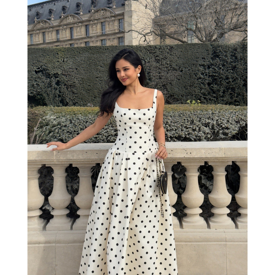 French Polka-Dot Square-Neck Midi