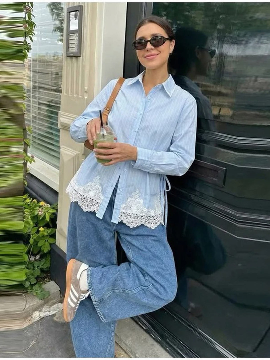 Lace-Panel Striped Tie Blouse