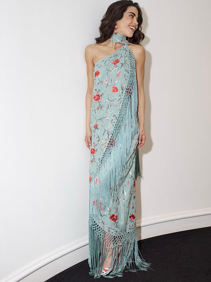 Printed Fringe One-Shoulder Maxi