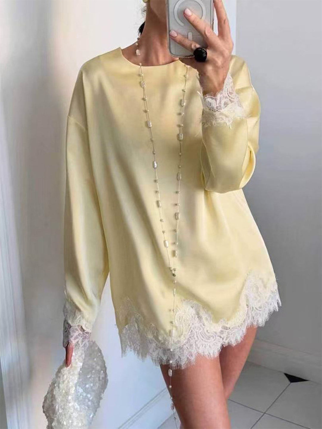 Loose Round-Neck Lace-Panel Dress