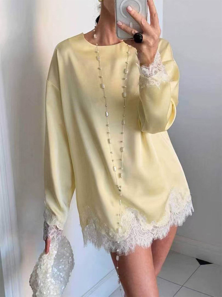 Loose Round-Neck Lace-Panel Dress