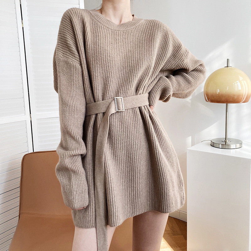 Women's Aspen Ribbed Knit Dress – Belted Long Sleeve Jumper Dress – view 2