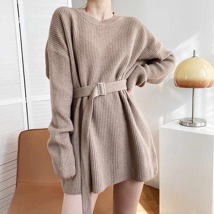 Women's Aspen Ribbed Knit Dress – Belted Long Sleeve Jumper Dress – view 2