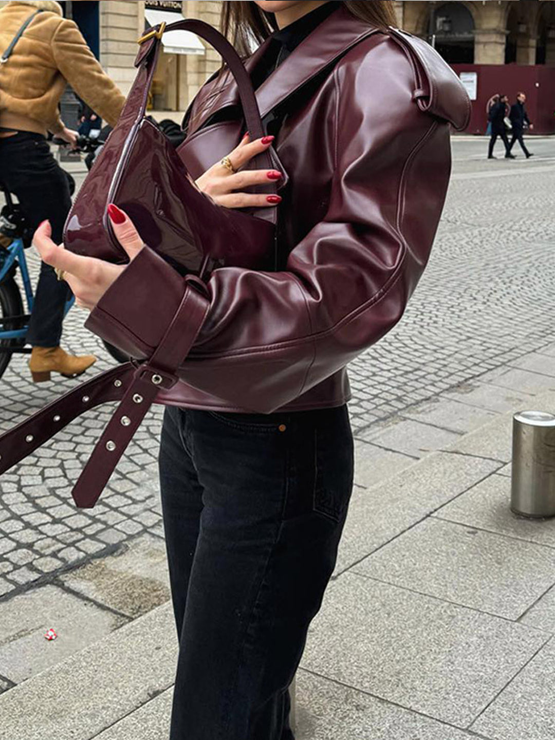 Burgundy PU Lapel Cropped Jacket