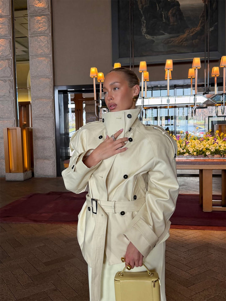 French Stand-Collar Belted Trench