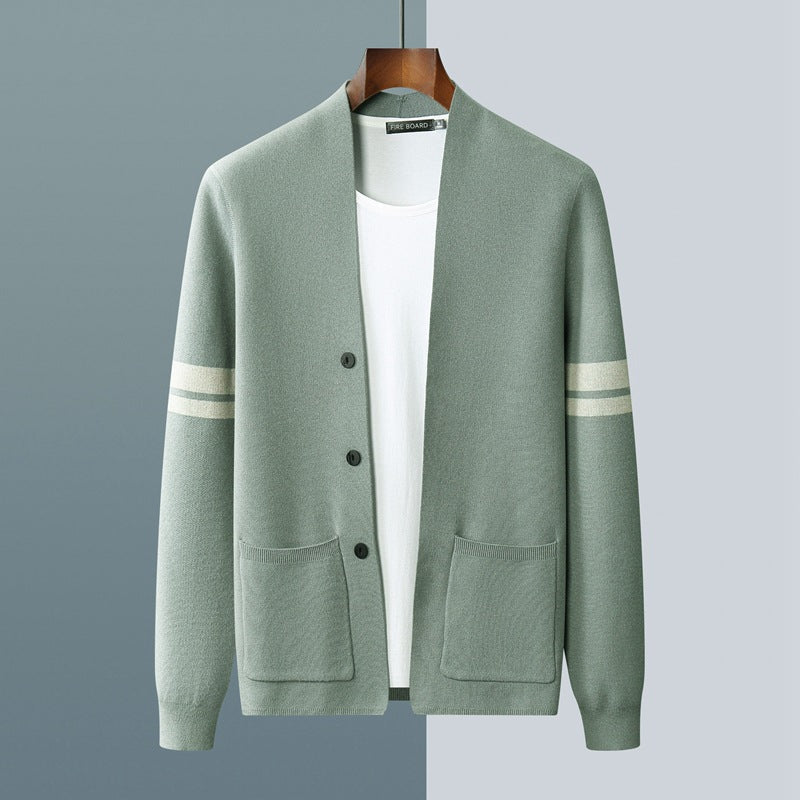 Men's Fine Knit Stripe Cardigan – Varsity Detail Layering Piece – view 2