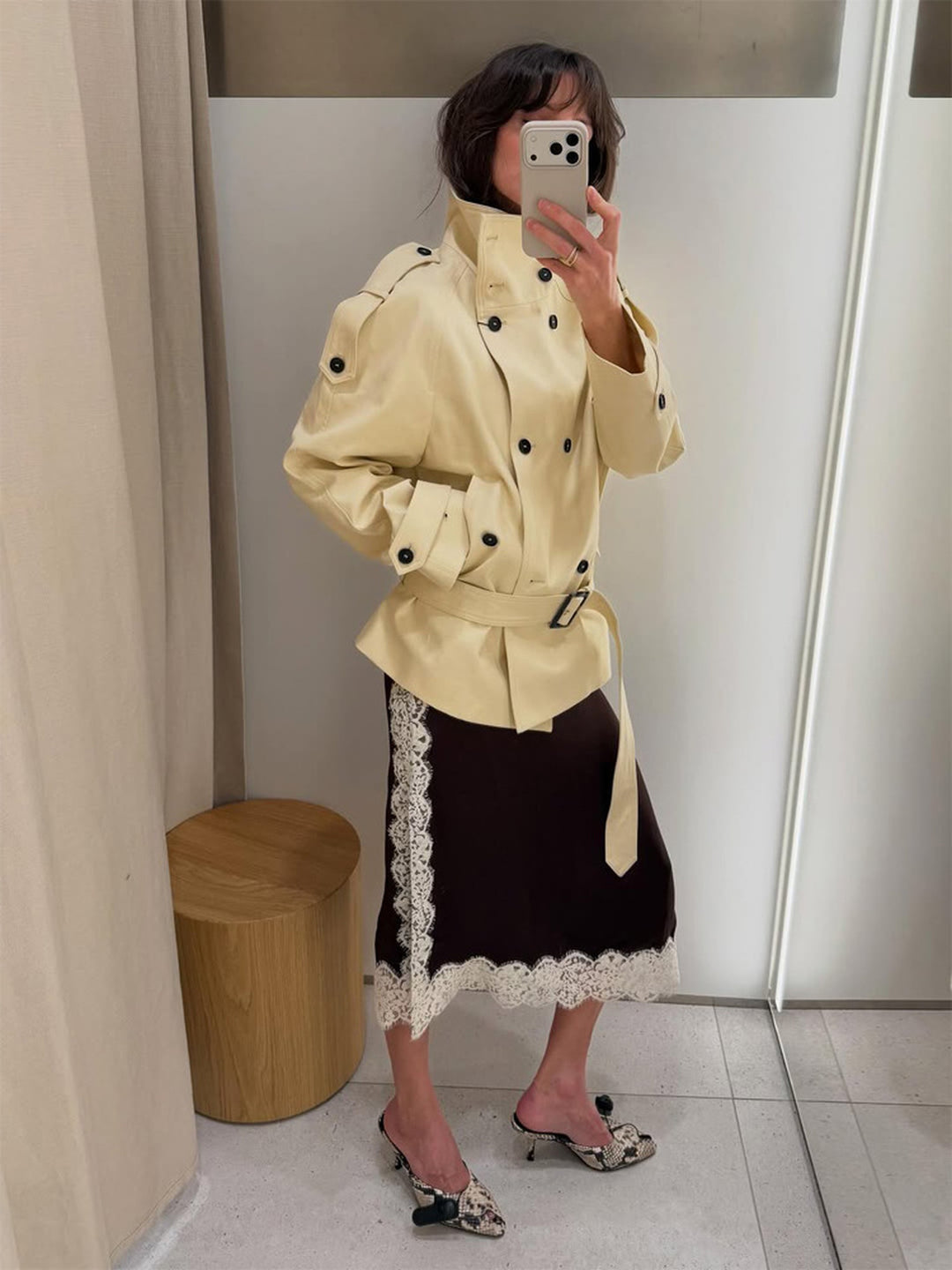 French Stand-Collar Belted Trench