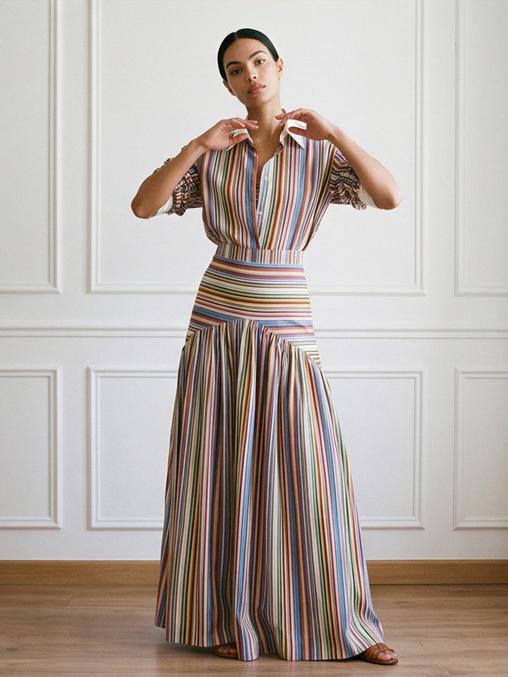 Striped Lapel Shirt & Wide-Leg Set