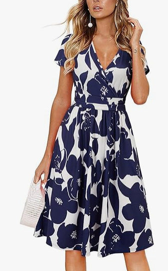 Women's V-Neck A-Line Midi Dress - Effortless Summer Style