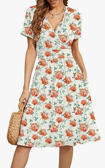 Women's A-line V-neck Mid-calf Dress - Effortless Summer Style