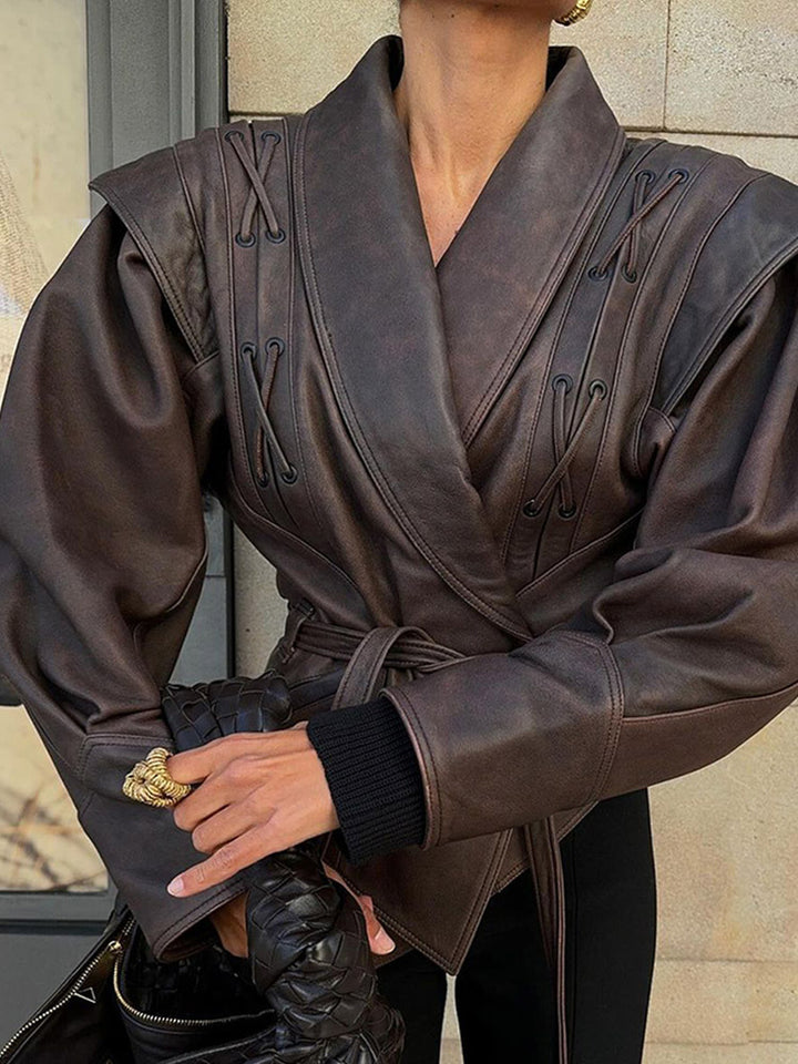 Tie-Waist Cropped Leather Jacket