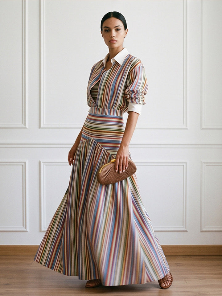 Striped Lapel Shirt & Wide-Leg Set