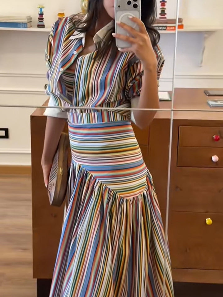 Striped Lapel Shirt & Wide-Leg Set