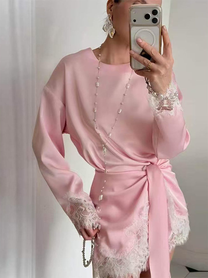 Loose Round-Neck Lace-Panel Dress
