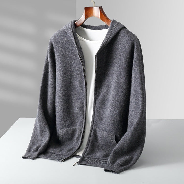 Men's Cashmere Zip-Through Hoodie – Soft Two-Ply Travel Layer – Khaki