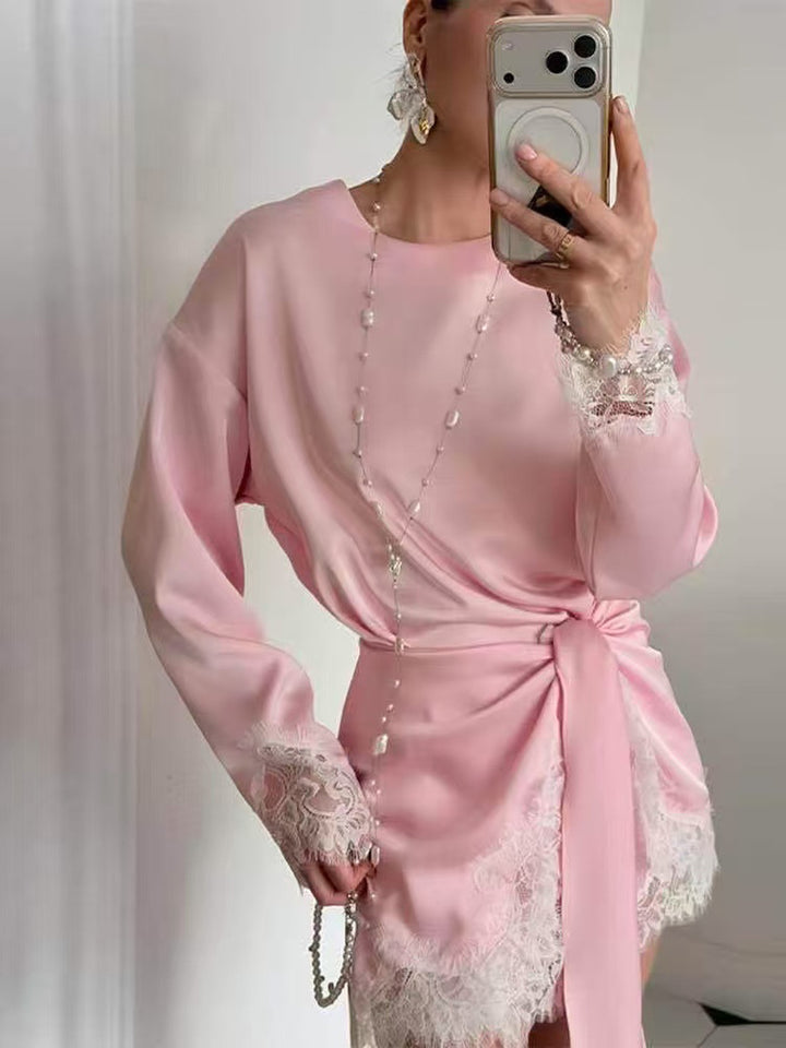 Loose Round-Neck Lace-Panel Dress