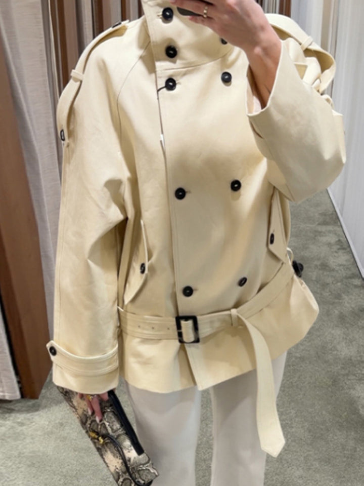 French Stand-Collar Belted Trench