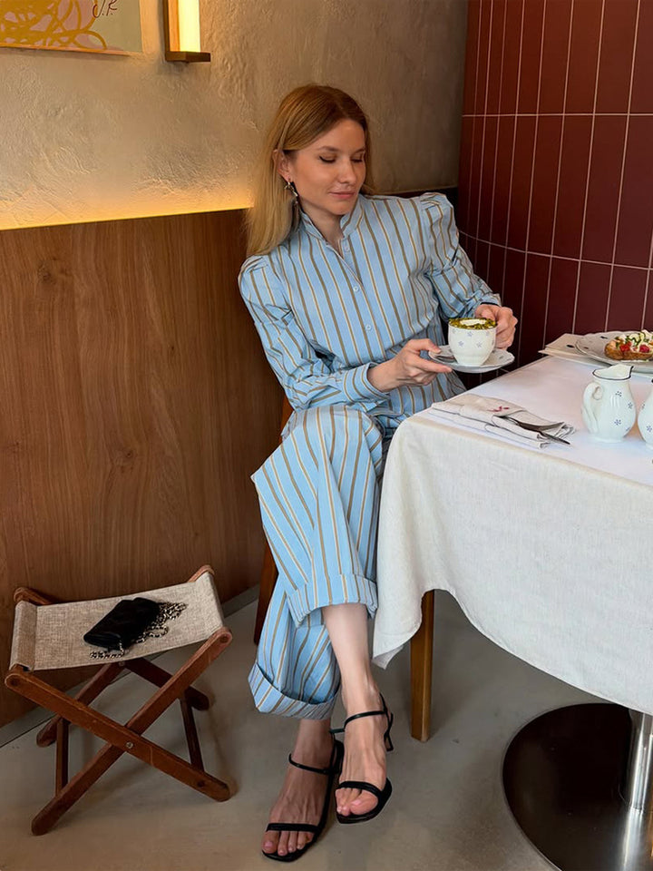 Blue Striped Shirt & Wide-Leg Set