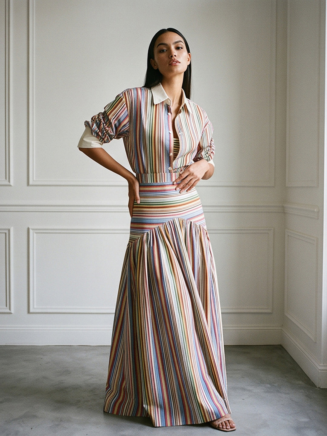 Striped Lapel Shirt & Wide-Leg Set