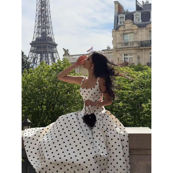 French Polka-Dot Square-Neck Midi