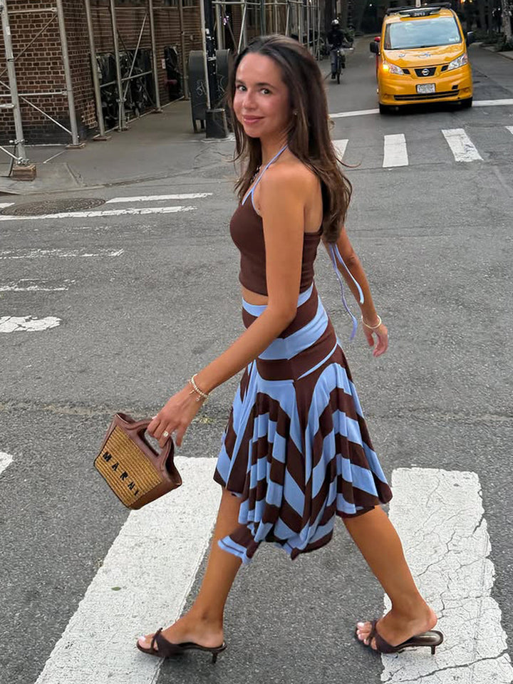 Striped High-Waist Asymmetric Skirt