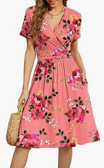 Women's V-Neck A-Line Midi Dress - Effortless Summer Style