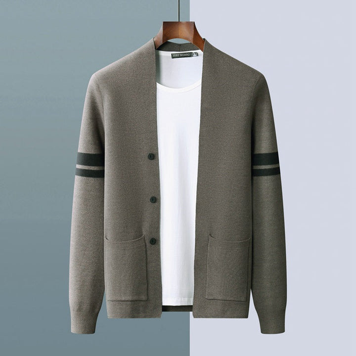 Men's Fine Knit Stripe Cardigan – Varsity Detail Layering Piece – view 9