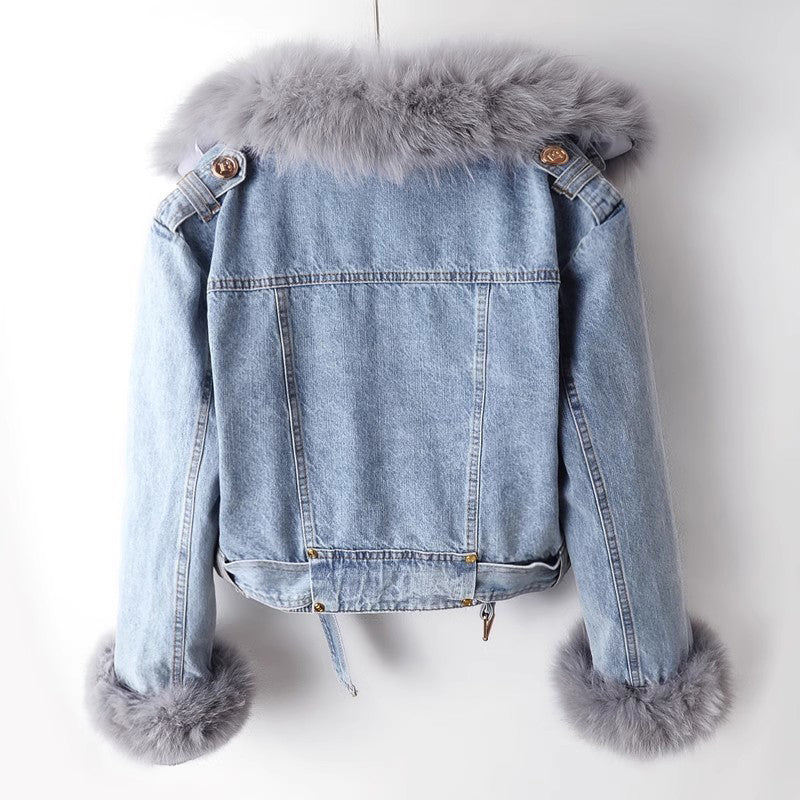 Women's Denim Jacket with Faux Fur Collar – Cropped Trucker – view 3
