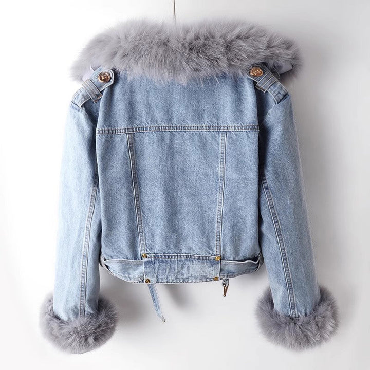 Women's Denim Jacket with Faux Fur Collar – Cropped Trucker – view 3