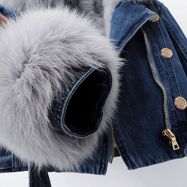 Women's Denim Jacket with Faux Fur Collar – Cropped Trucker – view 5