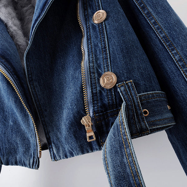 Women's Denim Jacket with Faux Fur Collar – Cropped Trucker – view 6