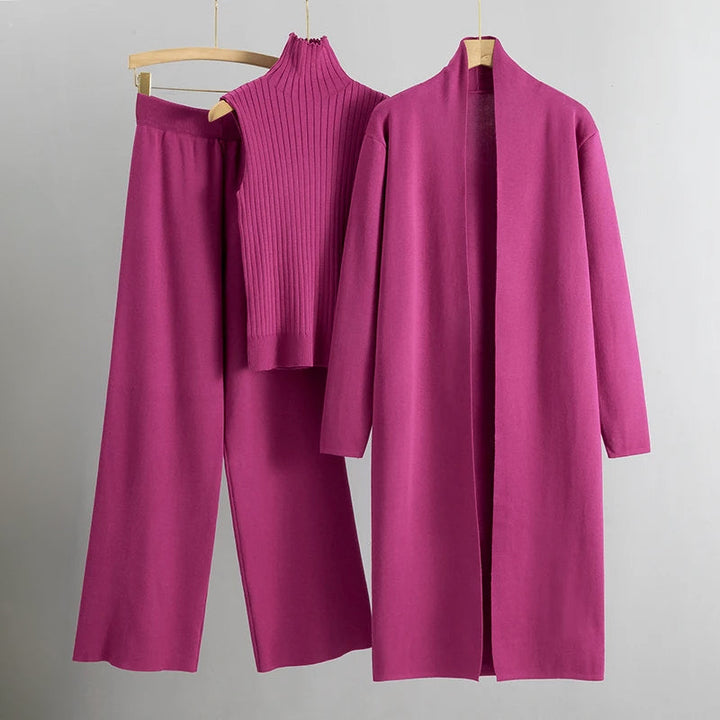 Women's Three-Piece Knitted Co-ord – Cardigan & Wide Trousers – Pink