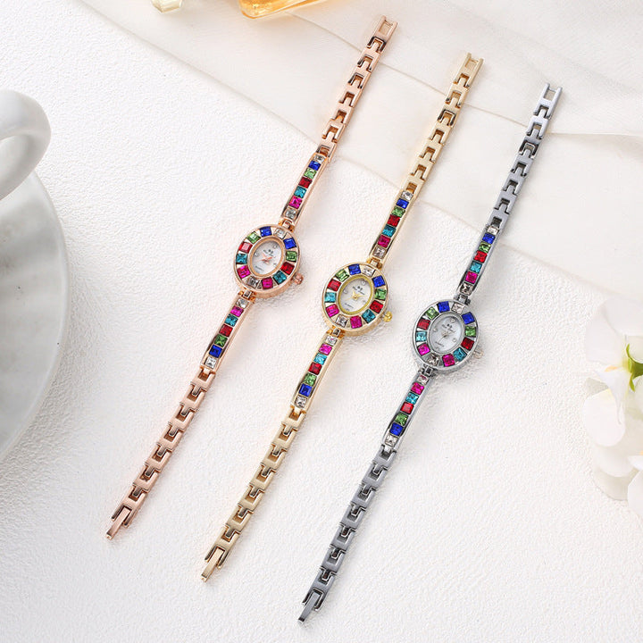 Women's Gold-Tone Crystal Watch – Rainbow Gems, Slim Oval Dial