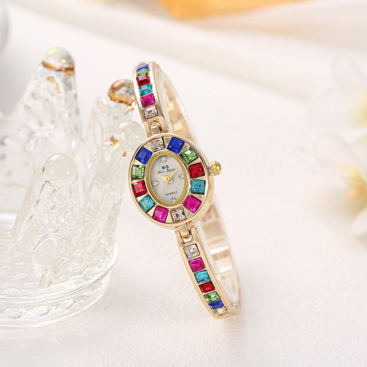 Women's Gold-Tone Crystal Watch – Rainbow Gems, Slim Oval Dial