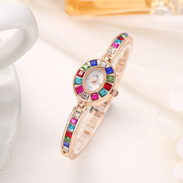 Women's Gold-Tone Crystal Watch – Rainbow Gems, Slim Oval Dial