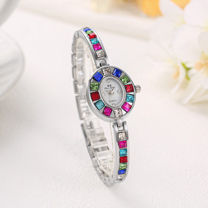 Women's Gold-Tone Crystal Watch – Rainbow Gems, Slim Oval Dial
