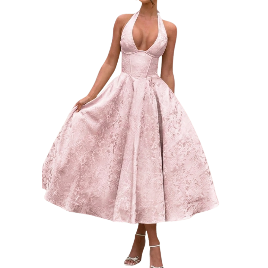 Women's Embroidered Halter V-Neck Evening Dress - Elegant Gala Style