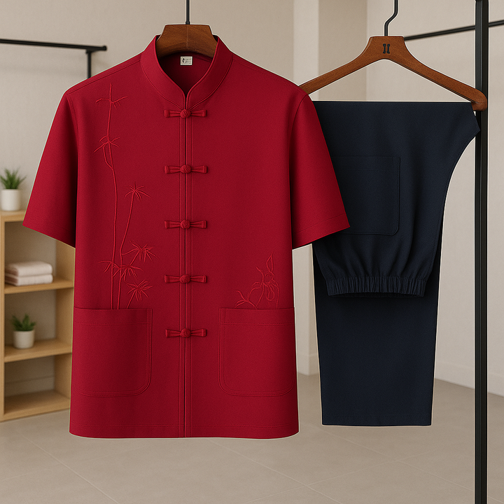 Men's Silk-Blend Co-Ord Set – Breathable Summer Two-Piece – Red