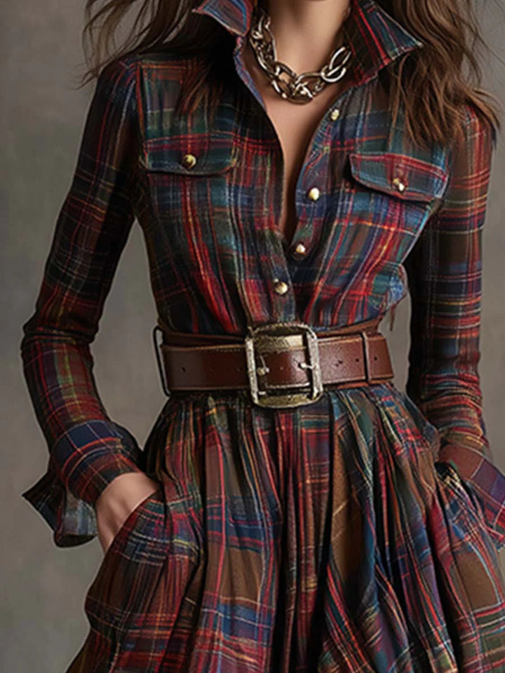 Women's Plaid Maxi Dress with Belt - Flowing & Free-Spirited
