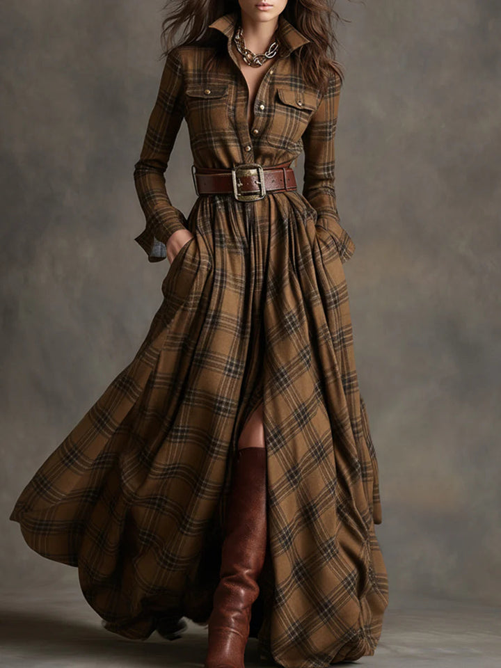 Women's Plaid Maxi Dress with Belt - Flowing & Free-Spirited