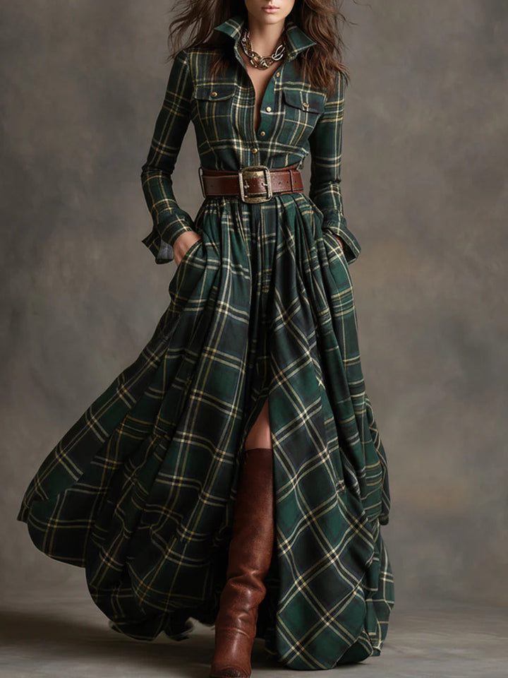 Women's Plaid Maxi Dress with Belt - Flowing & Free-Spirited